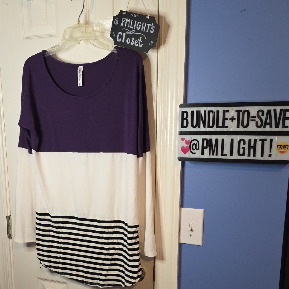 Zenana Premium Tunic XL Color Block Purple White Black Striped